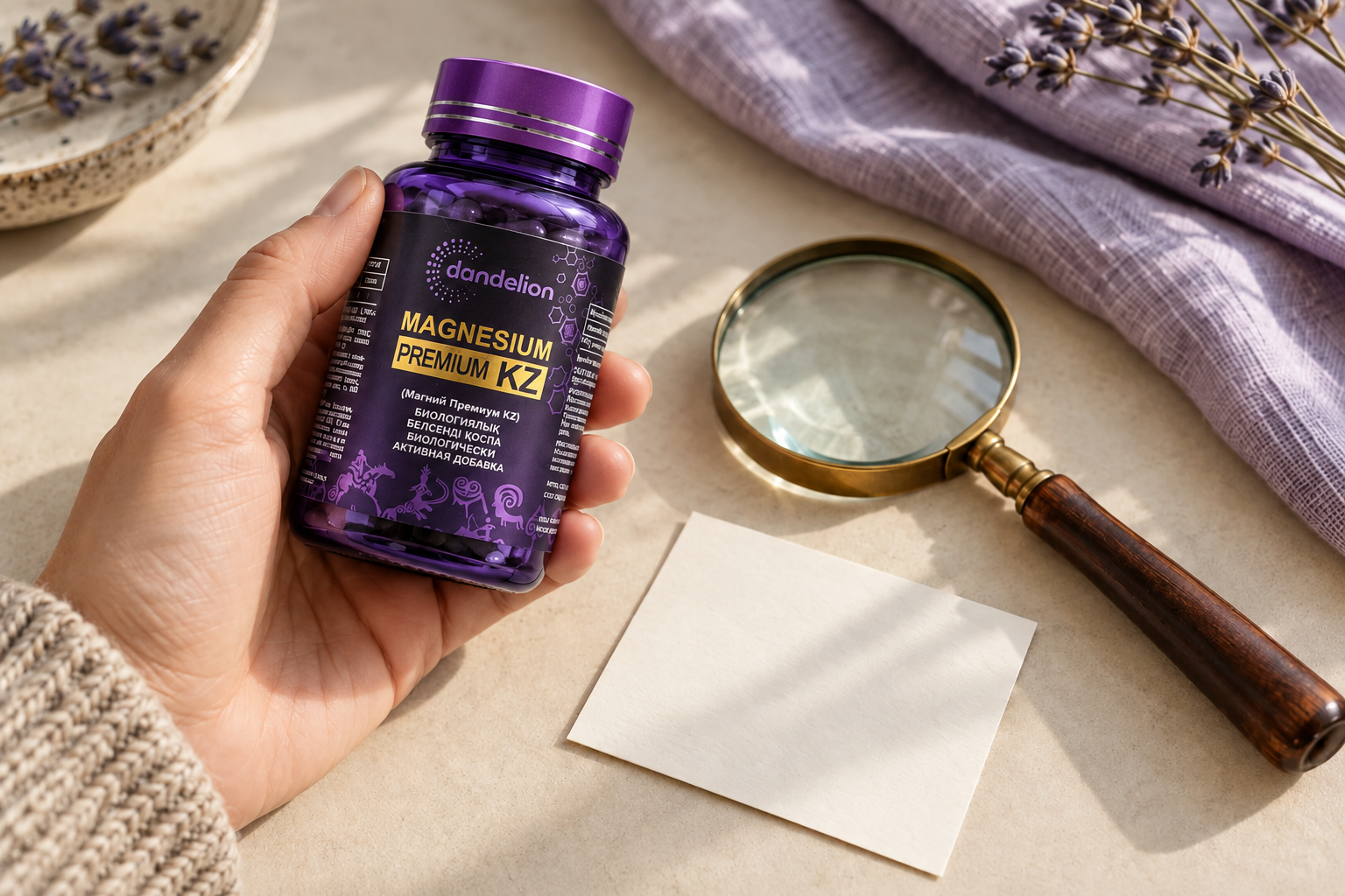 Рука держит фиолетовую баночку Magnesium Premium KZ рядом с лупой на светлом столе